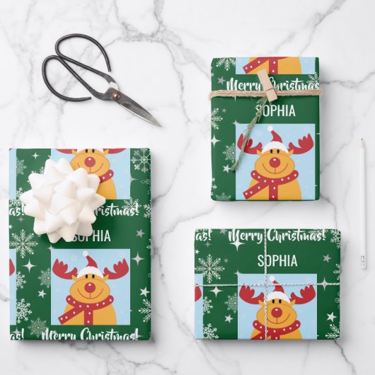 Feuille De Papier Cadeau Festive Rudolph Reindeer Snow Personalized Xmas (Recto)