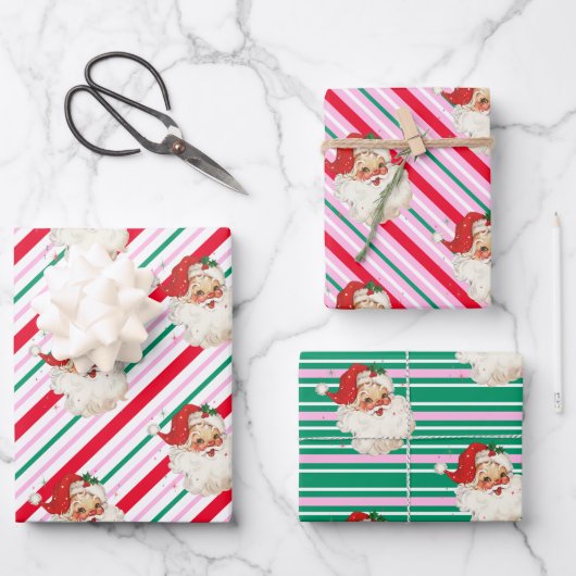 Feuille De Papier Cadeau Festive Stripe Retro Père Noël Noël (Recto)