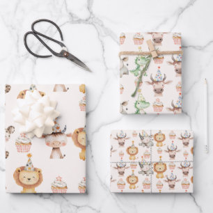 Feuille De Papier Cadeau Fête d'anniversaire fille safari zoo animaux