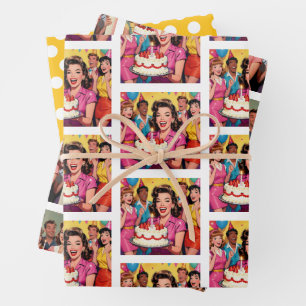 Feuille De Papier Cadeau Fête d'anniversaire surprise drôle rétro pop art