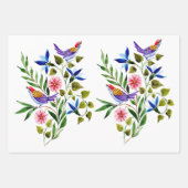 Feuille De Papier Cadeau Fête d'anniversaire thème oiseaux fleurs aquarelle (Devant 2)