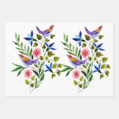 Feuille De Papier Cadeau Fête d'anniversaire thème oiseaux fleurs aquarelle (Devant)