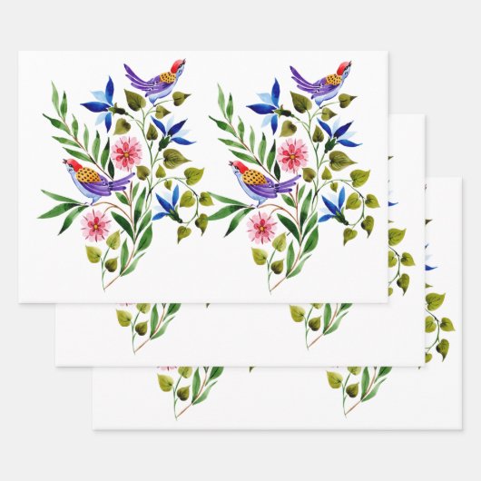 Feuille De Papier Cadeau Fête d'anniversaire thème oiseaux fleurs aquarelle (Lot)