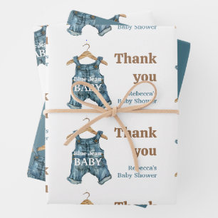 Feuille De Papier Cadeau Fête de Bébé Garçon en Jean Bleu Moderne