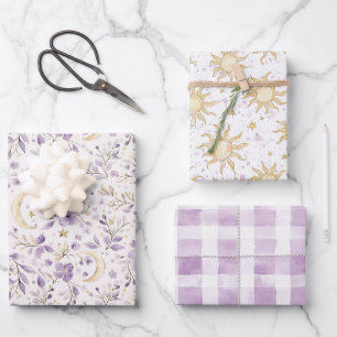 Feuille De Papier Cadeau Fête de Bébé Lunes Étoiles et Fleurs Violettes