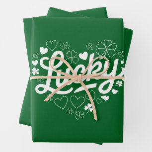 Feuille De Papier Cadeau Fête de la Saint-Patrick Cœur Trèfle Chanceux Trèf