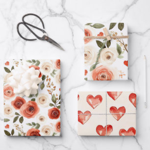Feuille De Papier Cadeau Fête de mariage coeurs et fleurs rouge crème