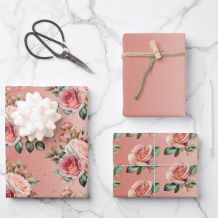 Feuille De Papier Cadeau Fête de mariage floral avec confettis dorés et ros