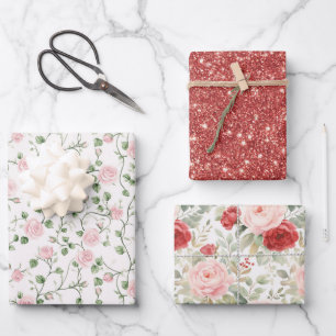 Feuille De Papier Cadeau Fête de mariage floral roses roses rouges scintill