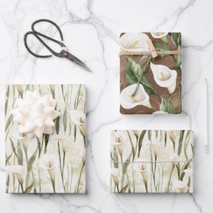 Feuille De Papier Cadeau Fête de Mariage Florale de Lys Calla Blanc Crème