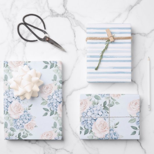 Feuille De Papier Cadeau Fête de mariage Romantique Fleurs Roses et Bleues (Recto)