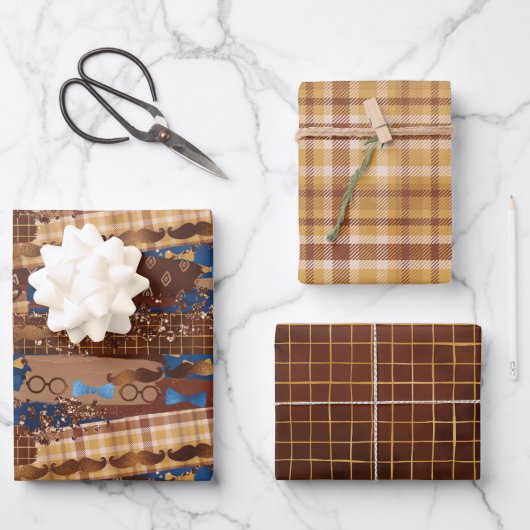 Feuille De Papier Cadeau Fête des pères Bow Cravates, verres et moustaches  (Recto)