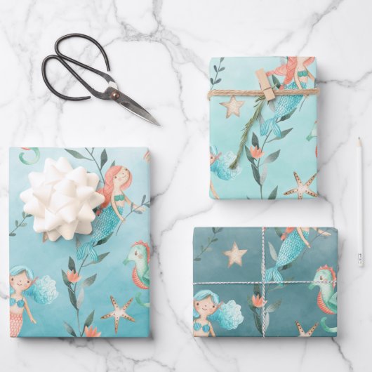 Feuille De Papier Cadeau Fête des sirènes sous la mer Bleue des Caraïbes (Recto)