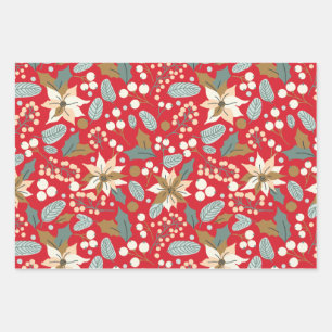 Feuille De Papier Cadeau Fête d'hiver arrière - plan rouge Poinsettia