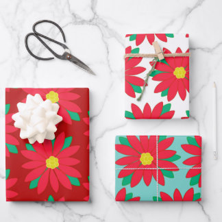 Feuille De Papier Cadeau Fête florale de Noël Poinsettia Imprimer sur rouge