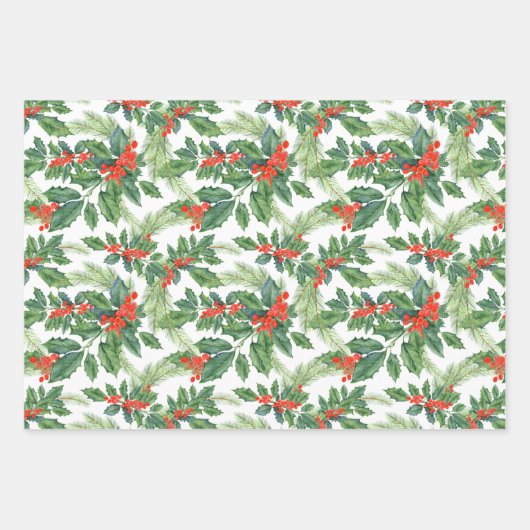 Feuille De Papier Cadeau Fêtes de Noël Floral aux Baies Rouges (Devant)