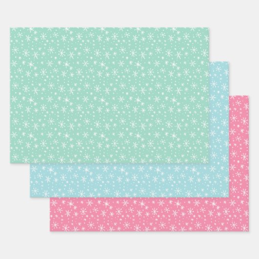 Feuille De Papier Cadeau Fêtes Pastel Green, Pink et Blue Snowflake (Lot)