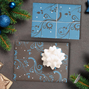 Feuille De Papier Cadeau Feuillage Bleu Marron Motif Noël