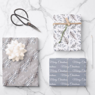 Feuille De Papier Cadeau Feuillage d'hiver Tan, Grey et Bleu Joyeux Noël