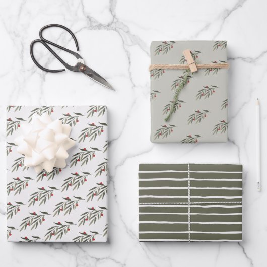 Feuille De Papier Cadeau Feuillage et baies de Noël (Recto)