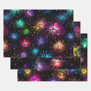Feuille De Papier Cadeau Feux d'artifice arc-en-ciel élégants sur fond noir
