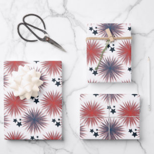 Feuille De Papier Cadeau Feux d'artifice étoiles patriotiques blanc bleu