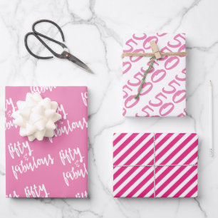 Feuille De Papier Cadeau Fifty & Fabulous - Fun Hot Pink 50e anniversaire