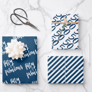 Feuille De Papier Cadeau Fifty & Fabulous - Fun Navy Blue 50th Birthday