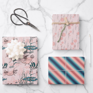 Feuille De Papier Cadeau Fille Axolotl, salamandre mexicaine rose et verte