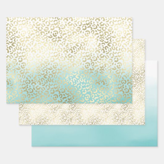 Feuille De Papier Cadeau Fille Mint Aquarelle Ombre Empreinte de léopard Or (Lot)