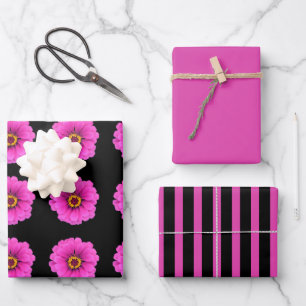 Feuille De Papier Cadeau Fille noire Fuchsia rayures et fleurs
