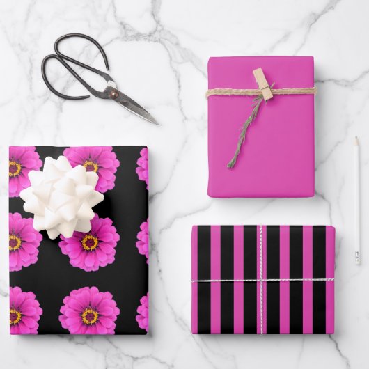 Feuille De Papier Cadeau Fille noire Fuchsia rayures et fleurs (Recto)