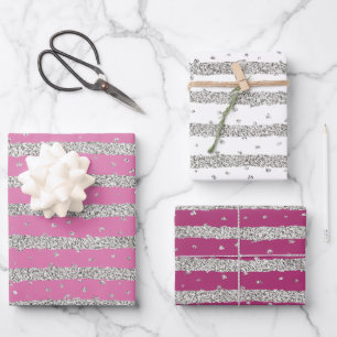 Feuille De Papier Cadeau Fille Rose Argent Sparkly Confetti Stripes