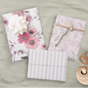 Feuille De Papier Cadeau Fille rose gris floral Pastel