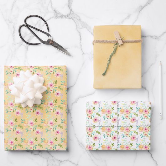 Feuille De Papier Cadeau Fille rose jaune Floral (Recto)