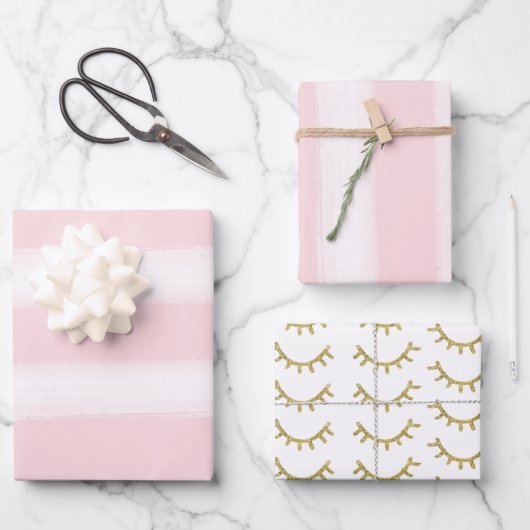 Feuille De Papier Cadeau Fille rose rayures Parties scintillant or Eyelashe (Recto)