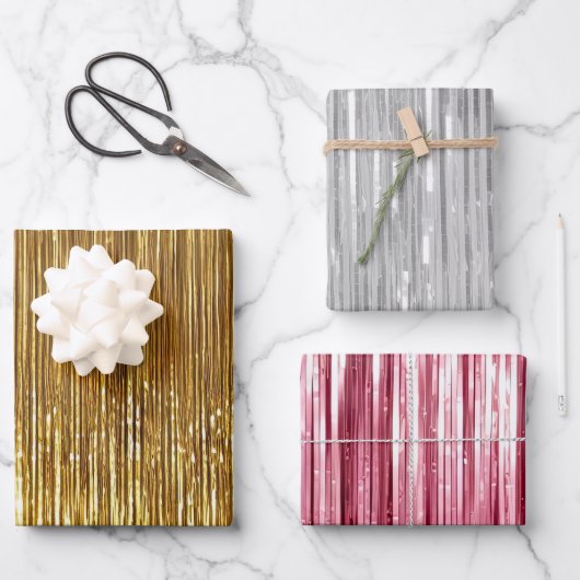 Feuille De Papier Cadeau Fille Rose Silver Gold Glam Tinsel Stripes (Recto)