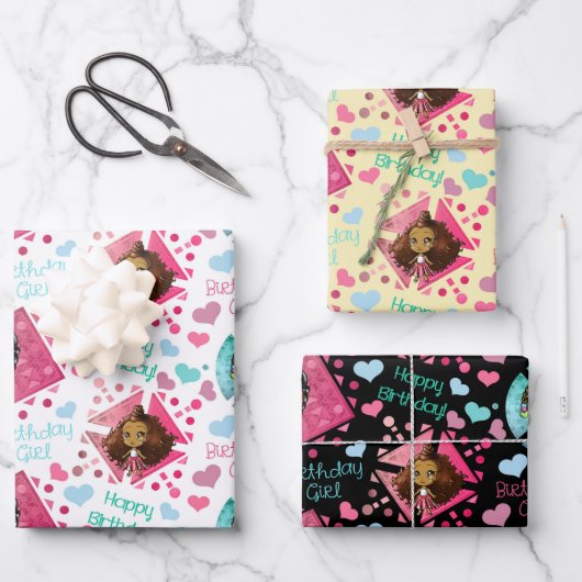 Feuille De Papier Cadeau Filles Chibi afro-américaines avec des coeurs Anni (Recto)
