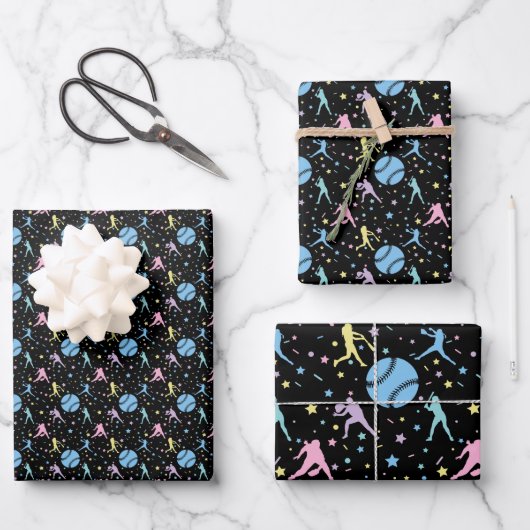 Feuille De Papier Cadeau Filles Softball - Joueuses avec étoiles (Recto)