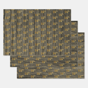Feuille De Papier Cadeau Finition bois rustique faux, élégant or faux "16th