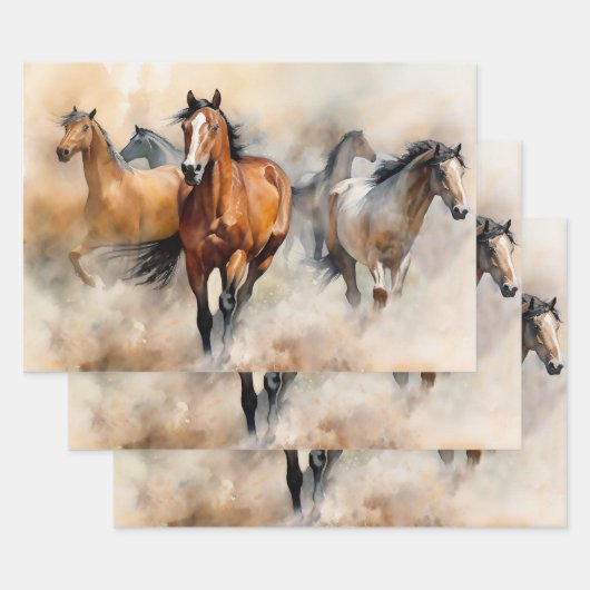 Feuille De Papier Cadeau "Five Wild Mustangs" Aquarelle Occidentale Dusty (Lot)