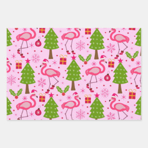 Feuille De Papier Cadeau Flamant de Noël Tropical Avec Pin sur Fond Rose