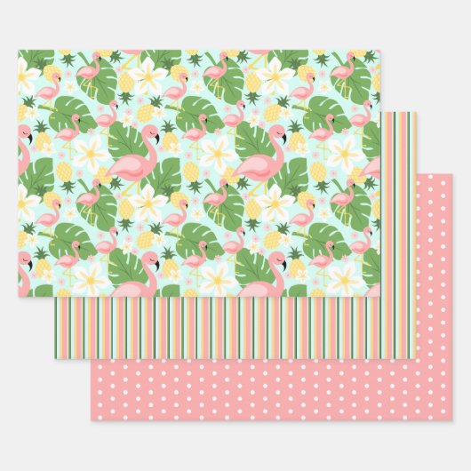 Feuille De Papier Cadeau Flamant rose, Ananas, Monstera Tropical (Lot)