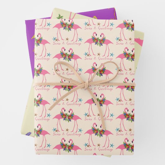 Feuille De Papier Cadeau Flamant rose Mer et voeux Noël (En situation)