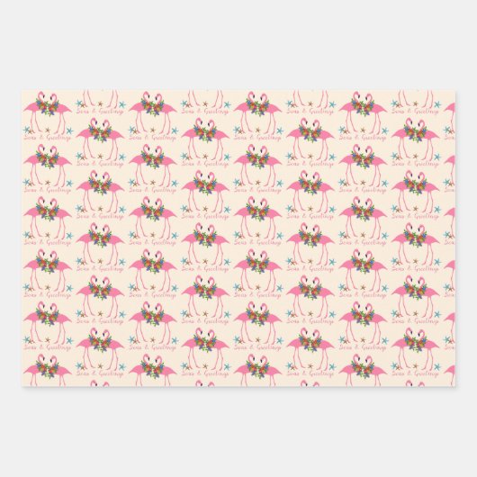 Feuille De Papier Cadeau Flamant rose Mer et voeux Noël (Devant)