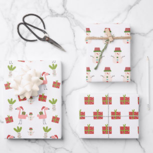 Feuille De Papier Cadeau Flamant rose Noël bonhomme de neige rose blanc rou