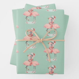 Feuille De Papier Cadeau Flamant rose rose tropical avec chapeau de Père No