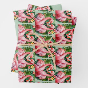 Feuille De Papier Cadeau flamants roses cou coeur rose tropical amour vinta