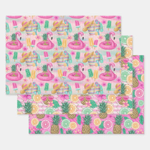 Feuille De Papier Cadeau Flamants roses et ananas citrons roses de plage d'