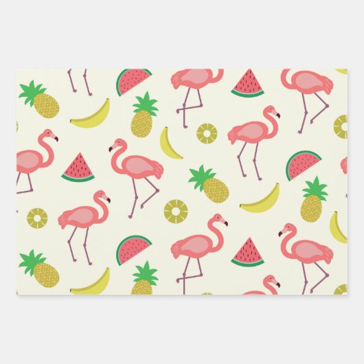 Feuille De Papier Cadeau Flamingo avec pastèque et ananas (Devant)
